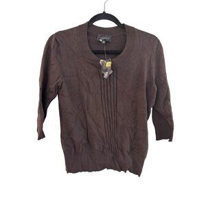 Investments Petites PM Brown 3/4 Sleeve Knit Cardigan Sweater With Ribbed Hem &